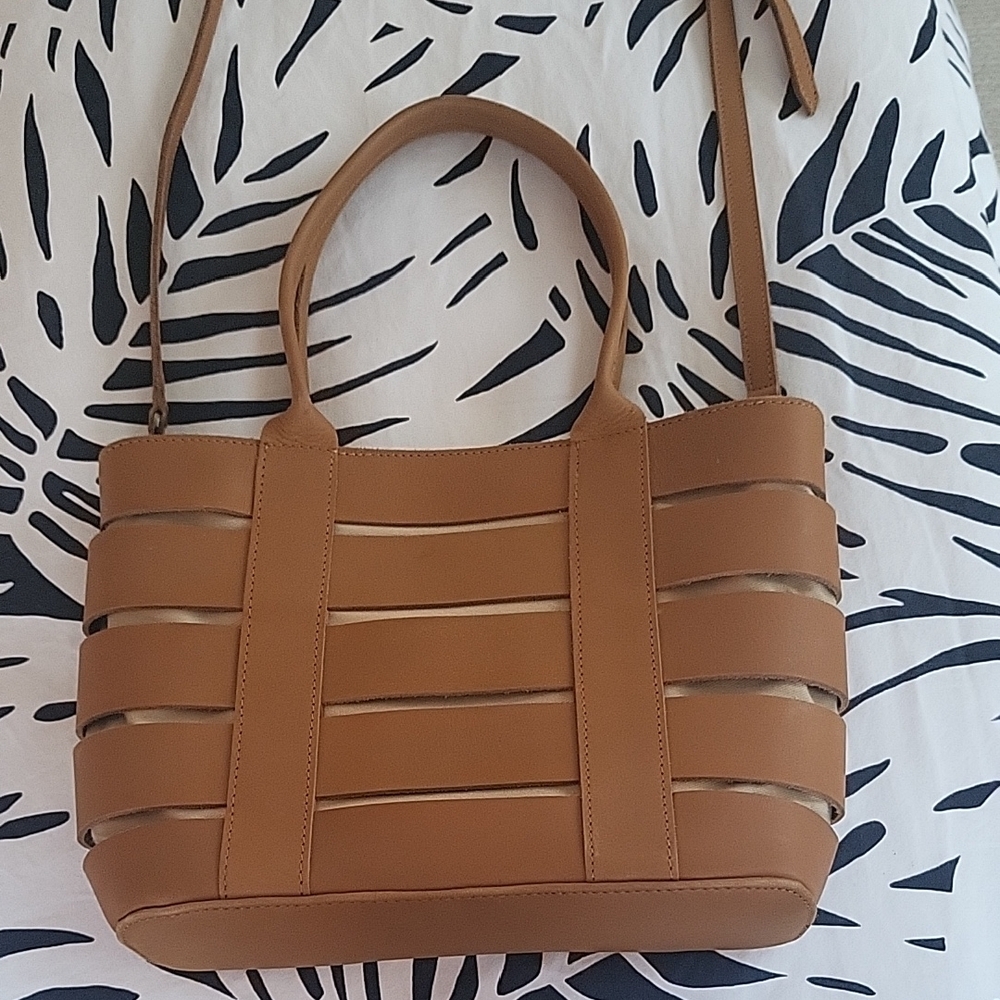 Tan Leather Shoulder Bag with Woven Design